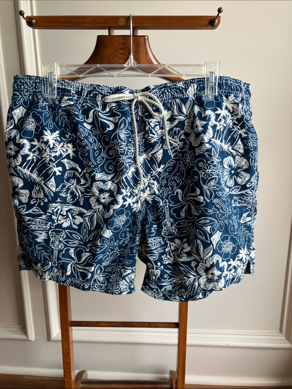 Caribbean Joe Navy and White Floral Swim Trunks